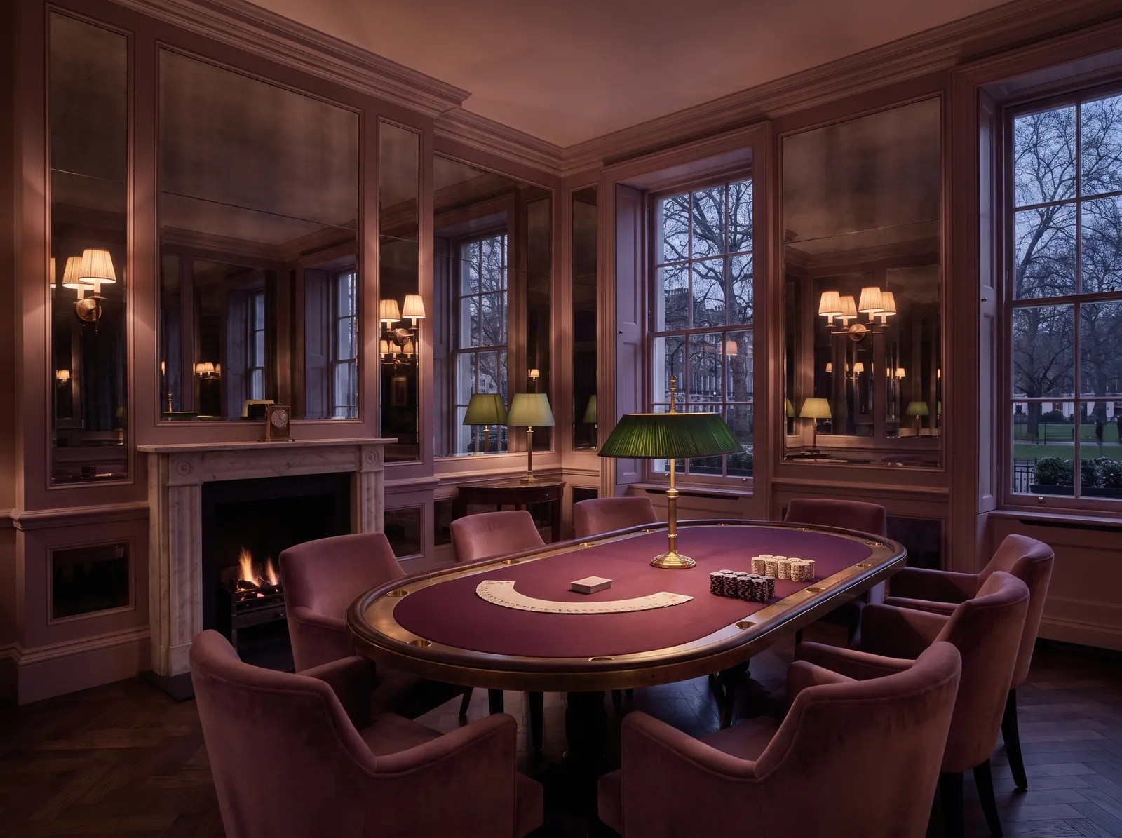 The Ashbridge Card Room: an oval plum-baize table, velvet chairs and a green-shaded lamp beside a marble fireplace