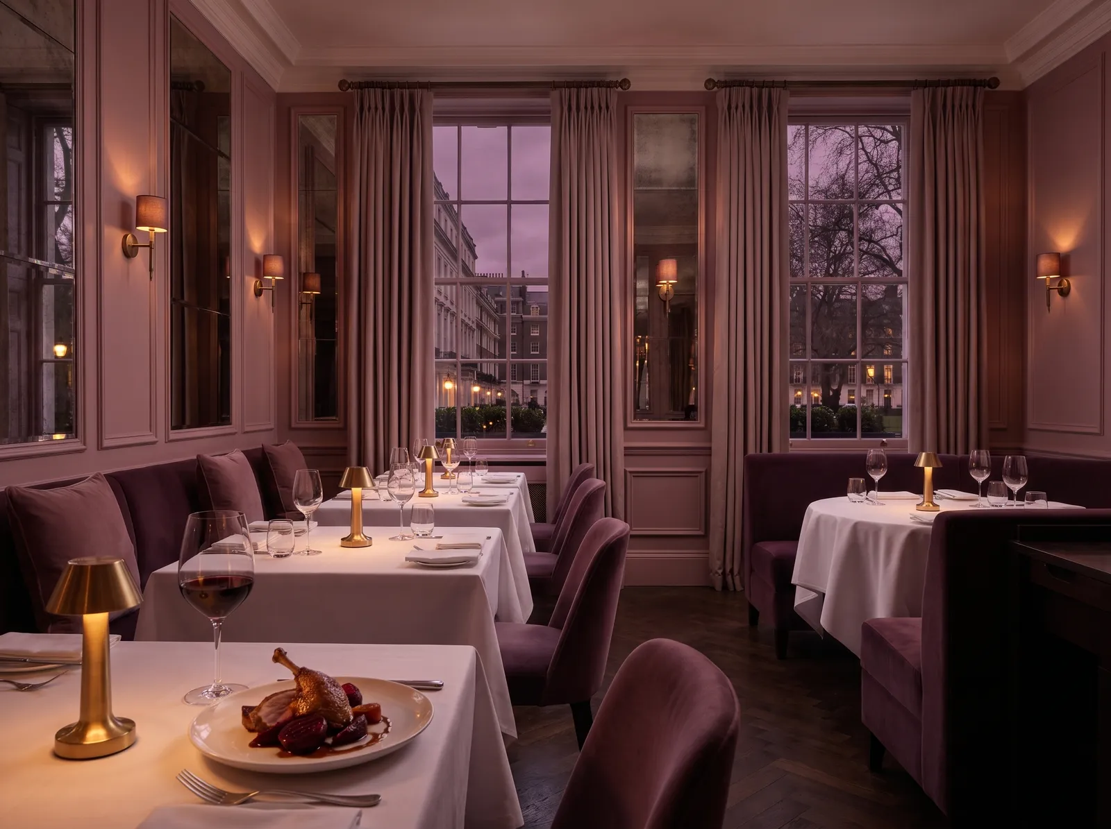 Heron & Vine: white tablecloths, brass table lamps and plum velvet banquettes before tall windows at dusk